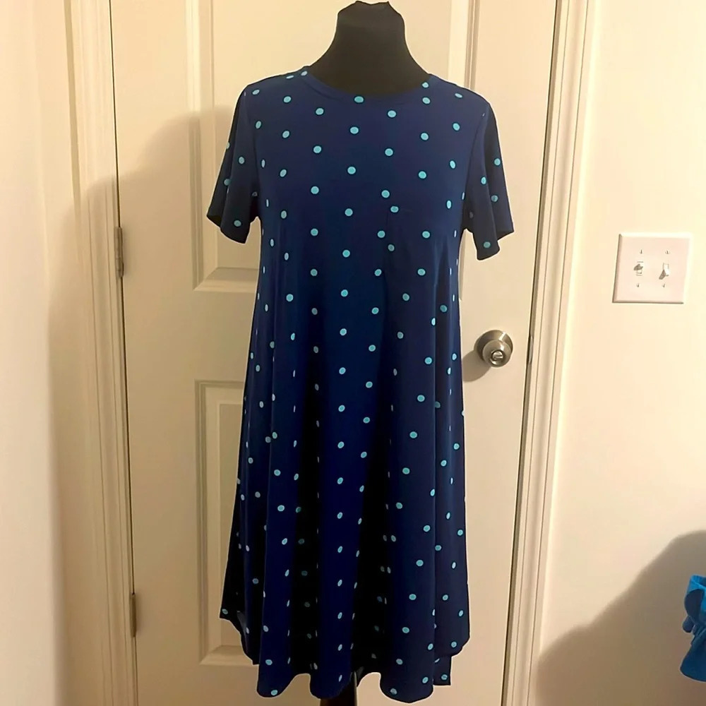 LulaRoe Navy Blue Dress w/Teal Polka Dots Size Small